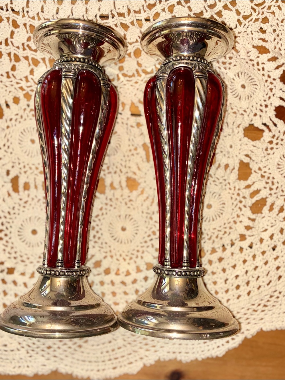 Vintage MCM Bubble Glass Decorative Red Glass and Silver Candle Holders - Pair - Picture 9 of 11